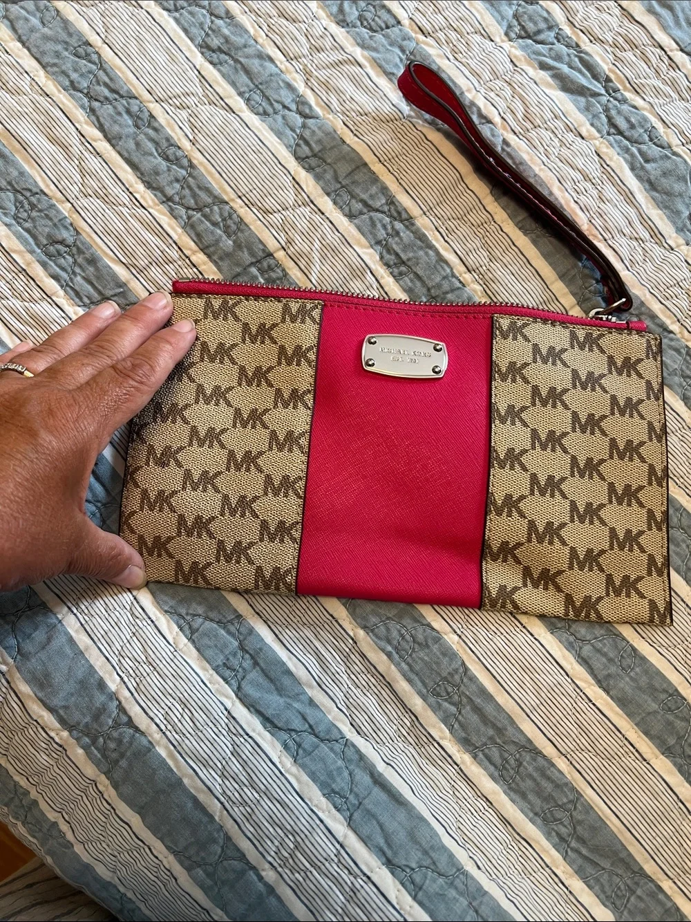 Michael Kors Brown Monogram Wristlet with PINK Center Panel